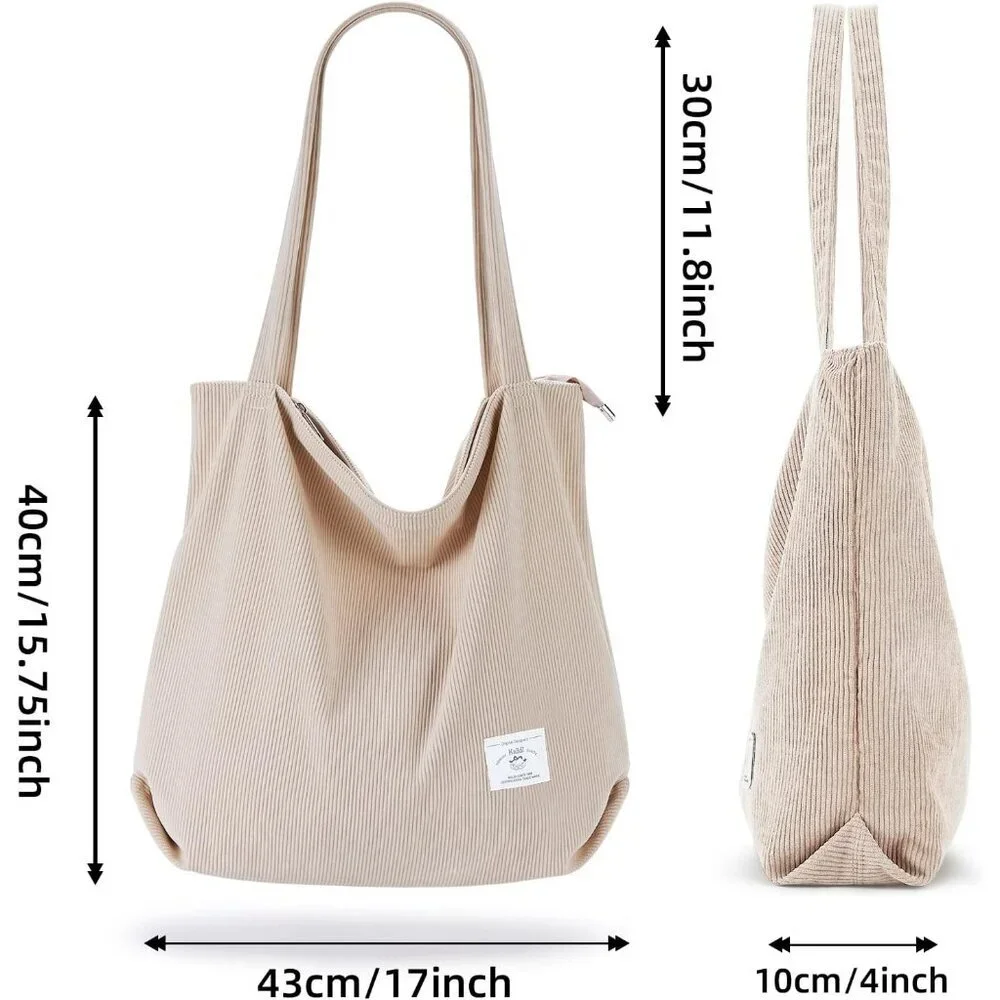 Women Corduroy Zipper Casual Tote Big Capacity Bag with Pockets - Picture 3 of 9